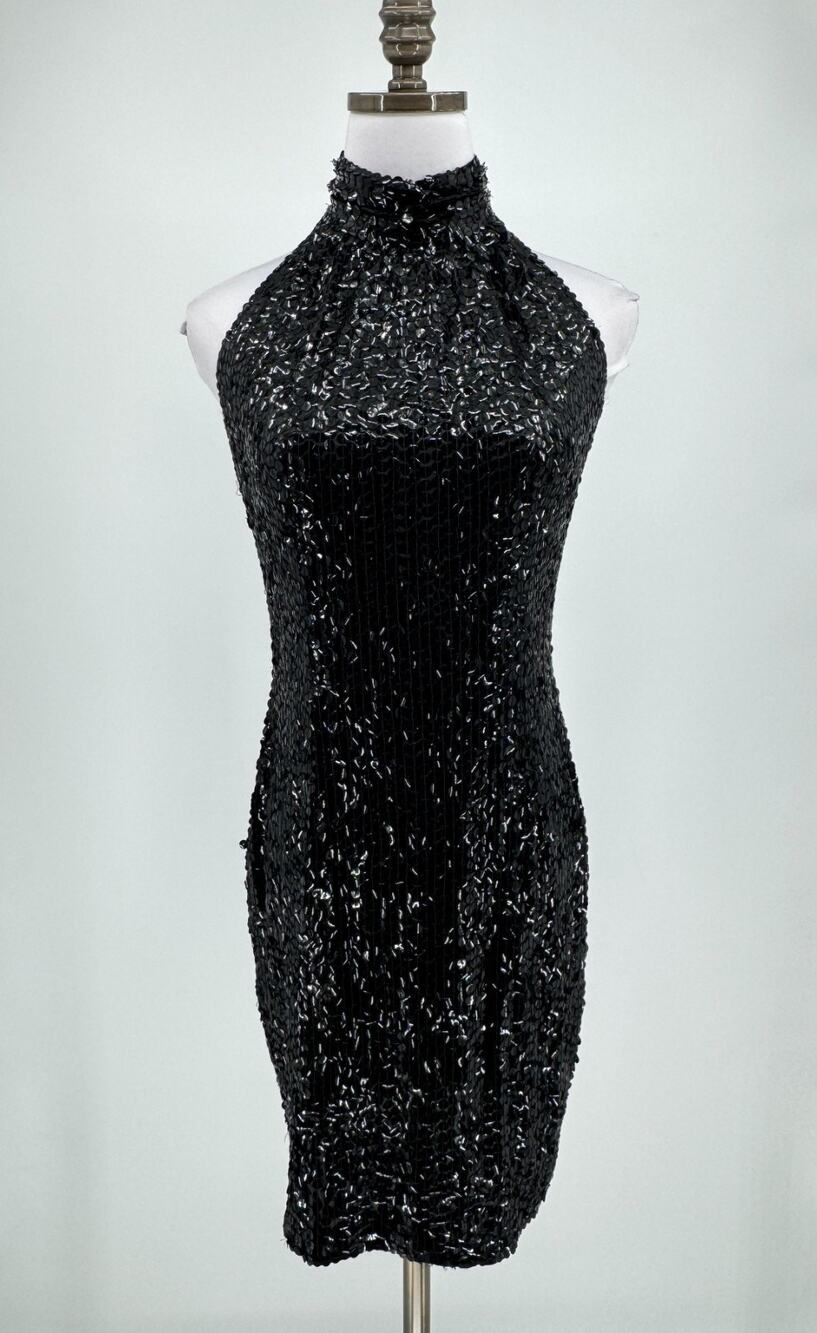 Vintage Niteline by Della Roufogali Black Sequin Halter Neck Bodycon Mini Dress